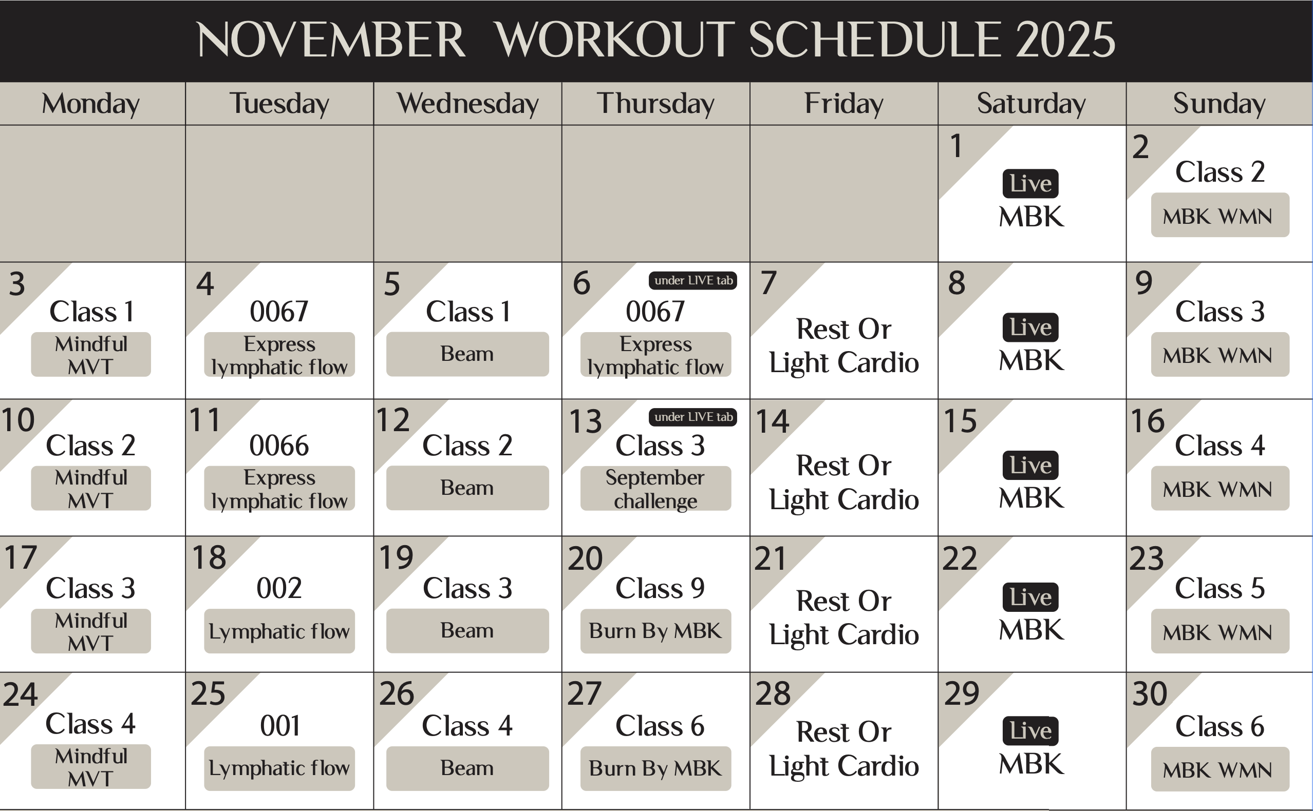 Novemeber Training Schedule 